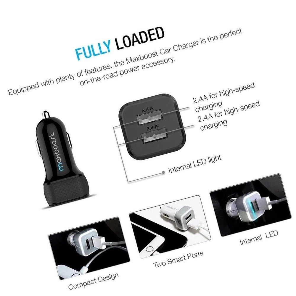 🔋Maxboost🔋 Car Charger Adapter, 4.8A/24W 2 USB Smart Port Car Charger [Black] - Picture 6 of 16